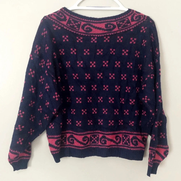 Vintage 80s Grandma Sweater Oversized Geometric Fair Isle V Neck M Medium - Picture 6 of 8